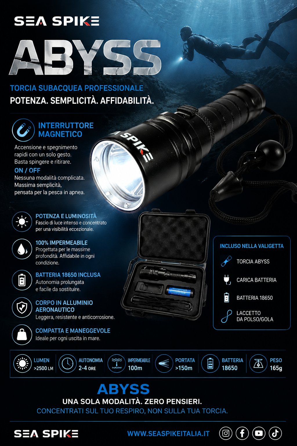SEA SPIKE ABYSS – Torcia Subacquea per Pesca in Apnea con Interruttore Magnetico