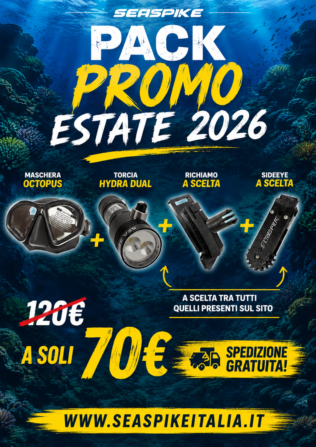 PACK PROMO ESTATE 2026 SEASPIKE – Maschera Octopus + Torcia Hydra Dual + Fish caller + SideEye | Kit Pesca in Apnea